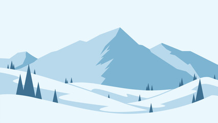 Landscape of snowy mountain scenery. Panoramic view of mountainside with snowy hill and pine trees. Vector illustration of scenic majestic mountain in winter season