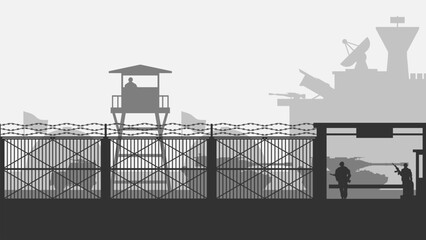 Landscape silhouette of military base scenery. Panoramic view of headquarter with military building and hangar. Vector illustration of scenic military bunker with tank and watchtower