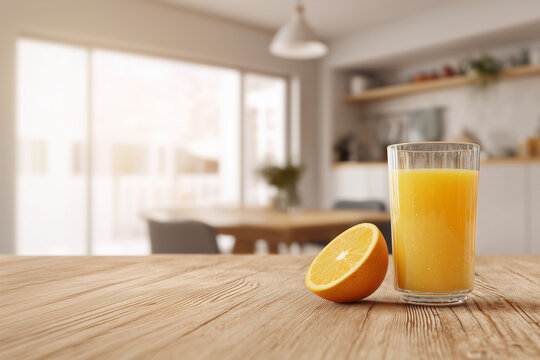 Copo com suco de laranja sobre a mesa, tendo uma cozinha como plano de fundo  imagen ideal para pe&ccedil;as publicit&aacute;rias, propaganda e marketing.