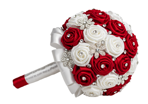 Elegant Red and White Silk Rose Bridal Bouquet isolated on transparent background