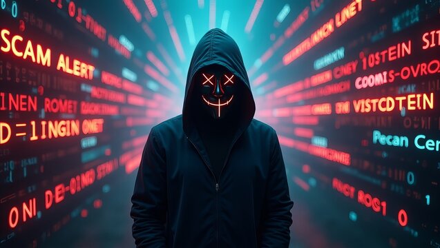 Glowing hacker in neon mask with scam alert digital code background

