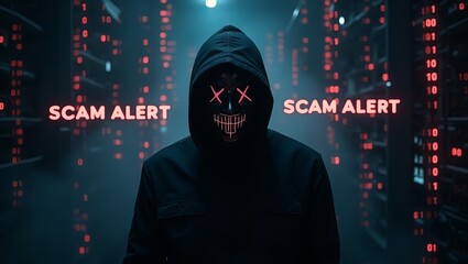Anonymous hacker in mask with &ldquo;Scam Alert&rdquo; sign in dark digital environment

