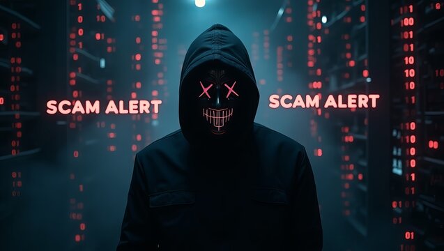 Anonymous hacker in mask with “Scam Alert” sign in dark digital environment

