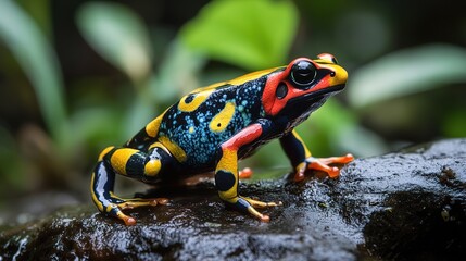 Fototapeta premium A vibrant, multicolored poison dart frog perched on a wet rock with blurred green foliage in the background.