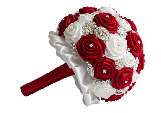 Elegant Red and White Fabric Rose Bridal Bouquet isolated on transparent background