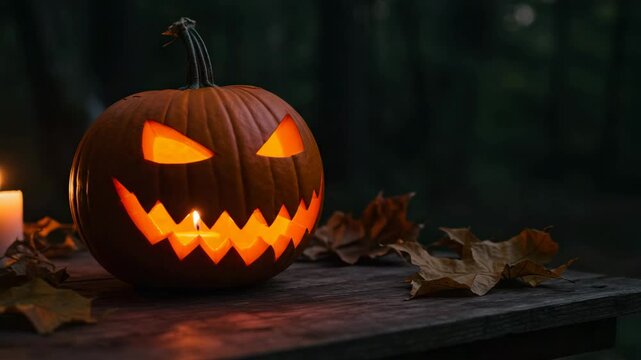 Jack-o'-lantern with menacing expression on table during Halloween celebration  