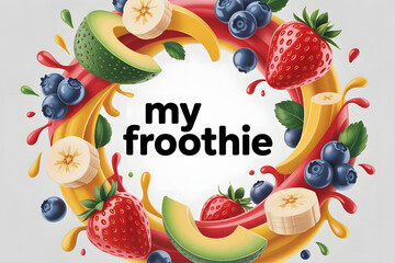 Bold �My Froothie� logo with vibrant fruit splash: strawberries, avocado, banana, blueberries on white background with juice droplets, soft light, fresh and dynamic poster design.