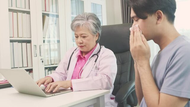 Female doctor provides treatment and diagnosis for male patient who is sick and has runny nose in order to examine him and request medical certificate in the clinic : Man takes leave to see a doctor.