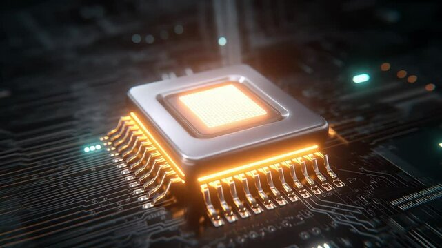 Quantum AI development concept featuring glowing microchip circuit board symbolizing advanced technology innovation and futuristic quantum circuit