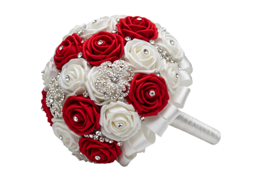 Elegant Red and White Bridal Bouquet with Rhinestone Accents isolated on transparent background
