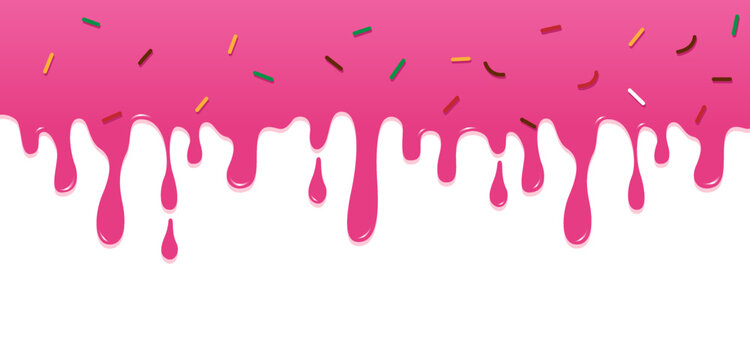 Fun and delicious cartoon-style background featuring pink dripping icing and colorful sprinkles. Perfect for dessert-themed designs, bakery branding, party invitations, and sweet food-related content.