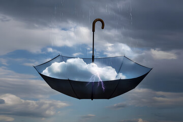 An open umbrella floating upside down, filled with clouds and lightning inside, while raindrops rise upward into the sky, surreal weather inversion concept