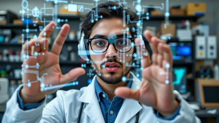 Scientist exploring digital chemical formula and laboratory technology with innovative research and science driven futuristic technology advanced - Powered by Adobe