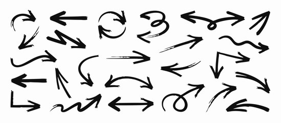 Creative arrows in grunge style, vector collection, beautiful and stylish. Bold arrows, graphic set of isolated elements from brush strokes, thick pointers isolated collection. Vector graphic box