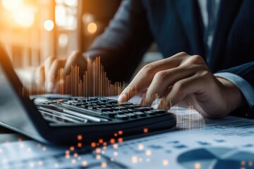 Fototapeta premium Close-up of businessperson using calculator, financial data overlay