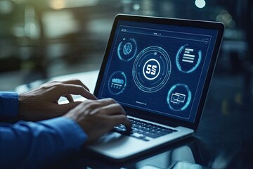 Close-up of hands typing on a laptop with a futuristic, data-driven interface