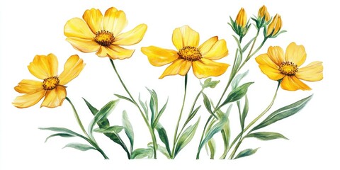 Yellow cosmos flowers with delicate leaves