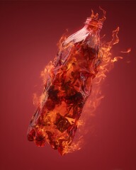 Burning plastic bottle in red background: A visual narrative showcasing a fiery plastic bottle engulfed in flames against a vibrant red backdrop, a striking symbol of environmental concern and waste.