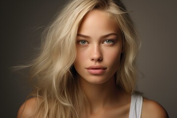 Fototapeta premium Studio portrait of young blonde woman with wavy hair and natural makeup