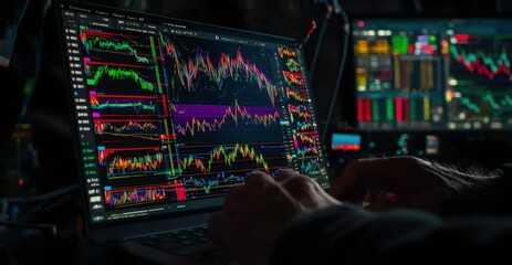Laptop with stock market charts displayed hands typing on keyboard monitor in background - Powered by Adobe
