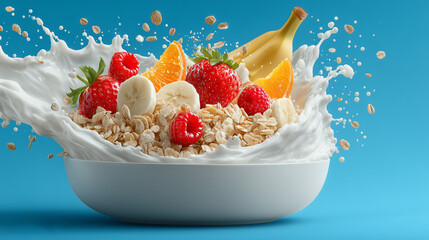 Breakfast Symphony: A vibrant visual feast, a bowl of wholesome oatmeal is artfully adorned with a colorful array of fresh fruit, including bananas, strawberries, oranges and raspberries.