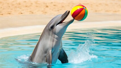 A joyful dolphin balancing a vibrant, multi-colored ball on its nose, creating a splash in the clear blue water with a sandy background