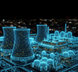 Digital Blueprint of a Modern Power Plant at Night, Futuristic Energy Production Grid, Smart Industry Infrastructure