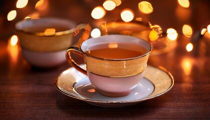 Fototapeta premium charming teacups under warm fairy lights