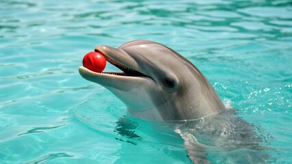 A charming close-up of a bottlenose dolphin with a small red ball perfectly balanced on its snout, its head and part of its body out of the clear blue water