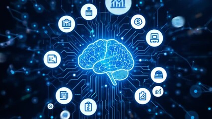 Artificial intelligence ecosystem concept showing digital brain and connected icons, symbolizing cloud computing, data processing, machine learning, automation, and cybersecurity. 4k video - Powered by Adobe