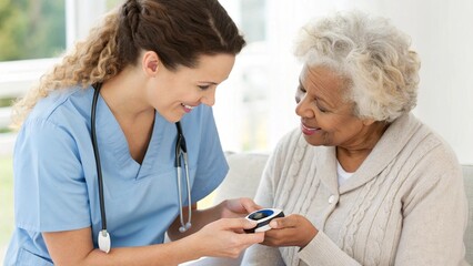 A compassionate nurse in blue scrubs with a stethoscope smiles as she takes an older woman's pulse oximetry reading. The scene conveys professional care, patient comfort