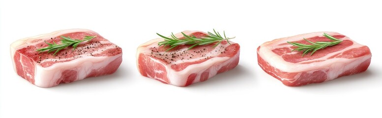 Three square cuts of seasoned pork belly with rosemary sprigs