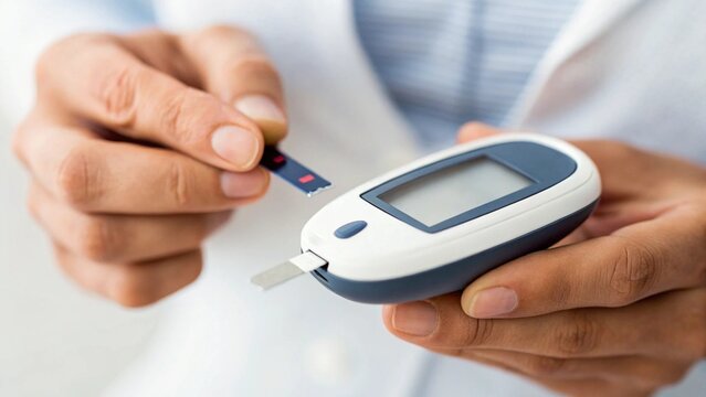 A medical professional or patient's hands are shown preparing a blood glucose meter for a test, emphasizing the process of checking blood sugar levels
