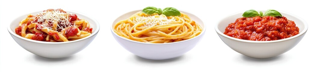 Three pasta dishes in white bowls