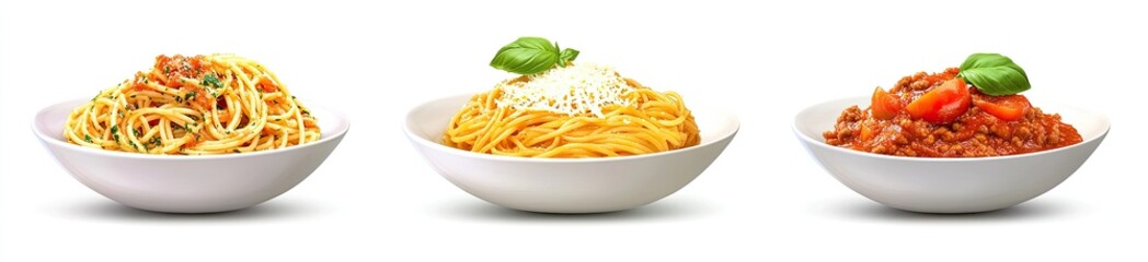 Three bowls of pasta dishes