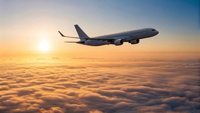 Majestic airliner ascending or descending through a breathtaking sky ablaze with the warm hues of dawn or dusk, creating a serene and powerful image of global connectivity