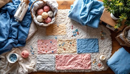 Quilt with Buttons and Yarn on Rug