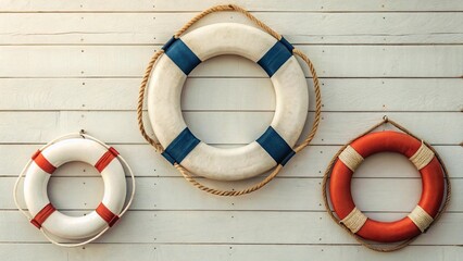 A trio of traditional life preservers, varying slightly in color and age, are neatly arranged against a backdrop of distressed turquoise and natural wood planks. This vibrant and textured image sugges