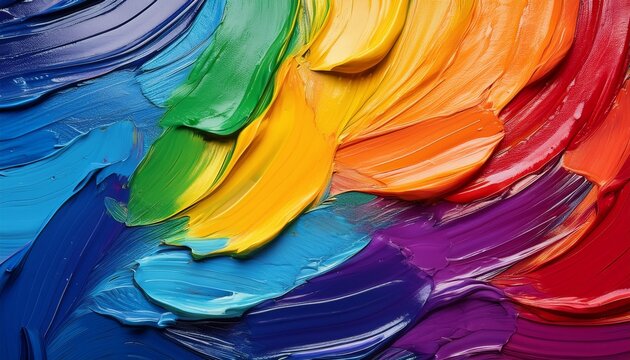 vibrant close up showcases thick textured strokes of paint in a rainbow of bright primary colors