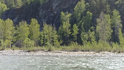 Discover a peaceful river flowing through a lush green forest, framed by a stunning rocky cliff. Ideal for tourism and inspiration, this scene captures the beauty of nature.