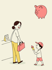 Illustration of a child with ice cream learning about spending money and making choices.