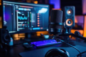 Home studio setup,  microphone, computer