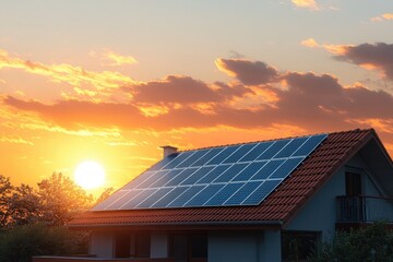Solar panels on a home at sunset
