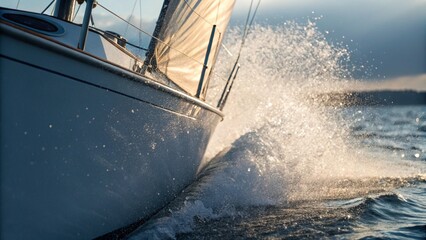 Close-up of a yacht's bow gracefully cleaving the waves, with water erupting in a powerful spray, conveying speed and exhilaration on the water.
