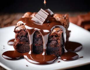 close up of chocolate brownie with melting chocolate drizzle rich and gooey dessert treat