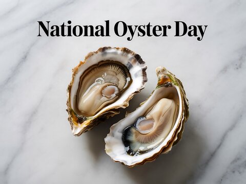 Two open oysters on a white marble surface celebrating national oyster day event