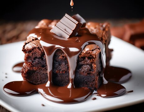 close up of chocolate brownie with melting chocolate drizzle rich and gooey dessert treat - Powered by Adobe