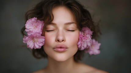 A charming woman blowing a kiss from flowers