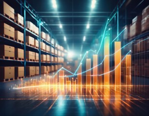 warehouse stock growth a captivating visualization of a glowing graph surging upwards overlayed on a blurred background of a bustling warehouse scene symbolizing growth and prosperity