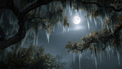 Photorealistic, full moon shining through Spanish moss hanging from oak trees in the bayou at night, dark and mysterious, foggy.